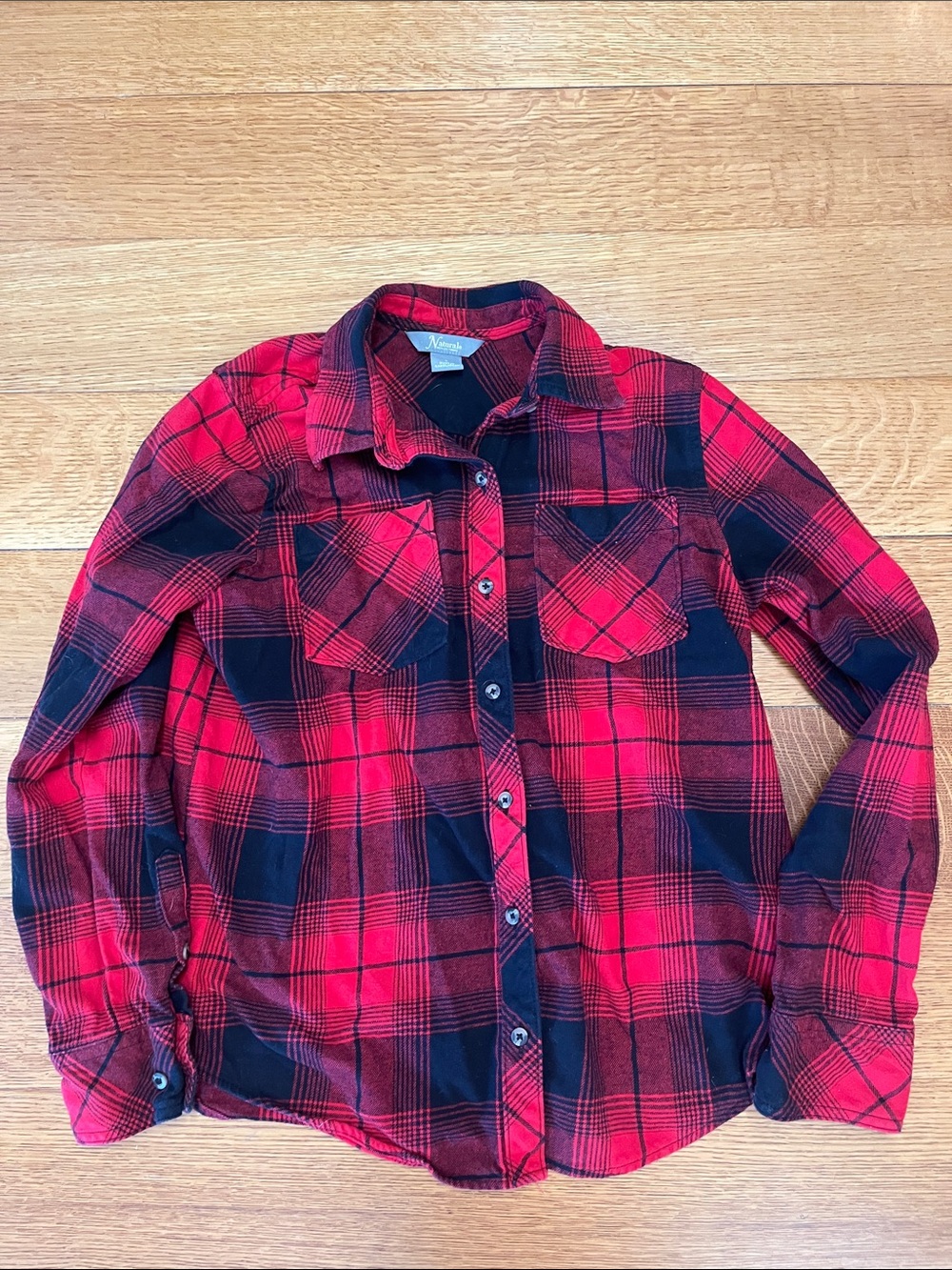 Natural reflections size, small red plaid flannel button up
